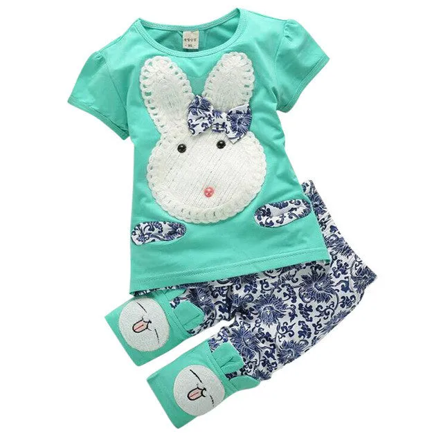 2Pcs Baby Kids Girls Top Short Pants Summer Suits Cute Rabbit Cartoon Children's Clothing Set