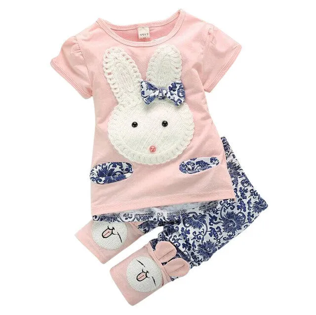 2Pcs Baby Kids Girls Top Short Pants Summer Suits Cute Rabbit Cartoon Children's Clothing Set