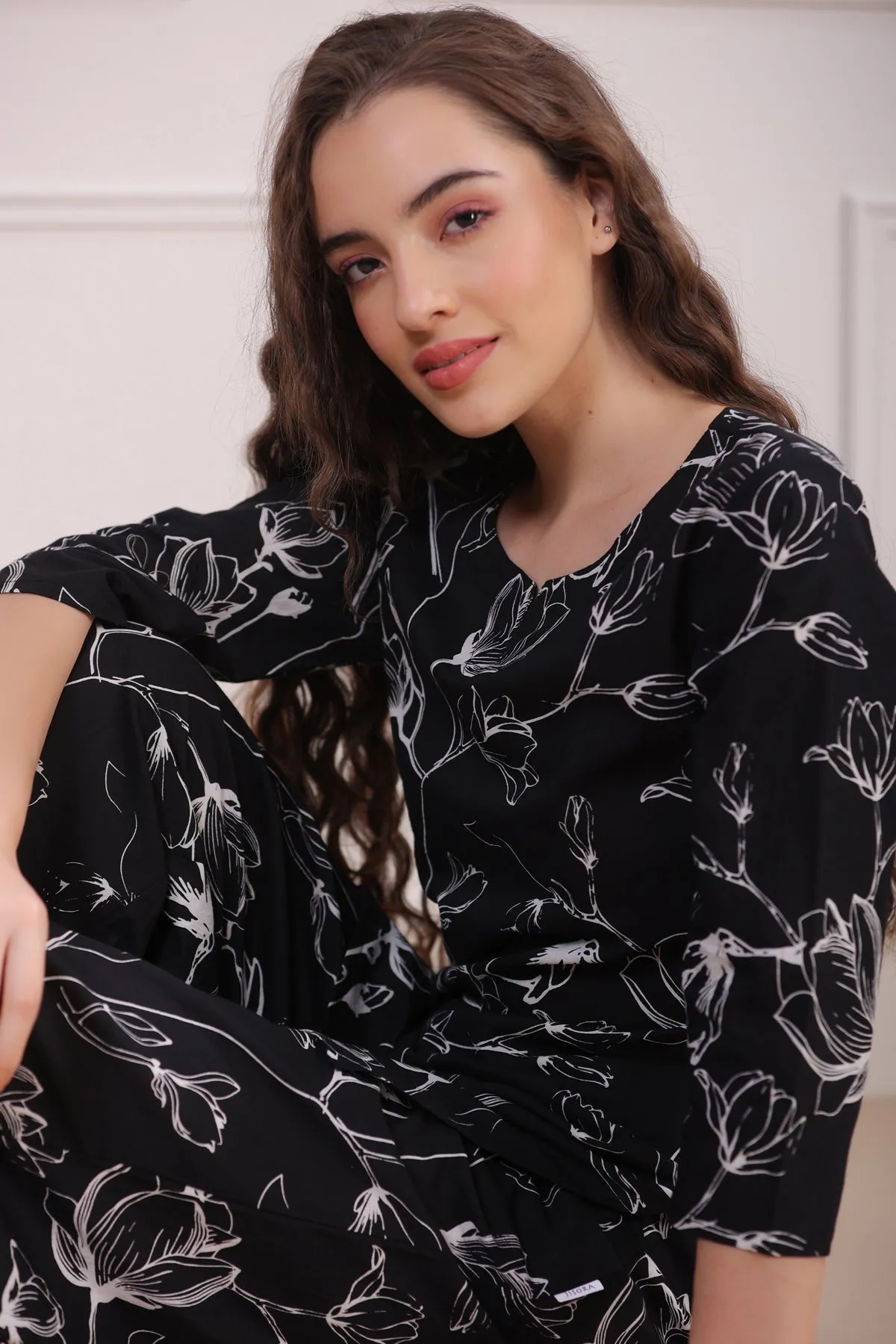 Abstract Floral on Black Palazzo Loungewear Set