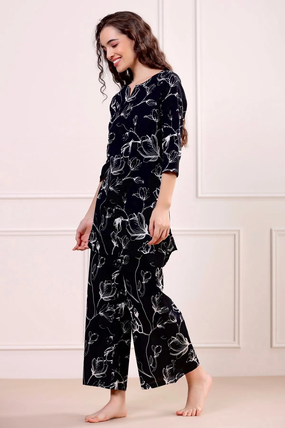 Abstract Floral on Black Palazzo Loungewear Set