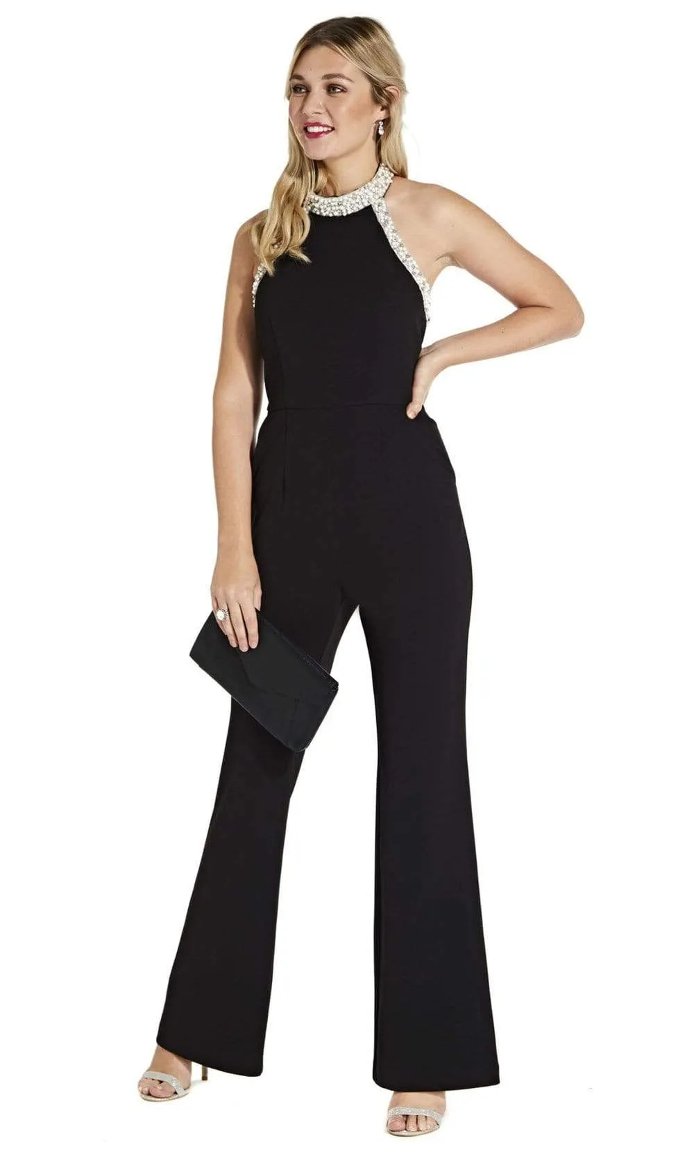 Adrianna Papell - AP1E204372 Pearl Beaded High Halter Jumpsuit