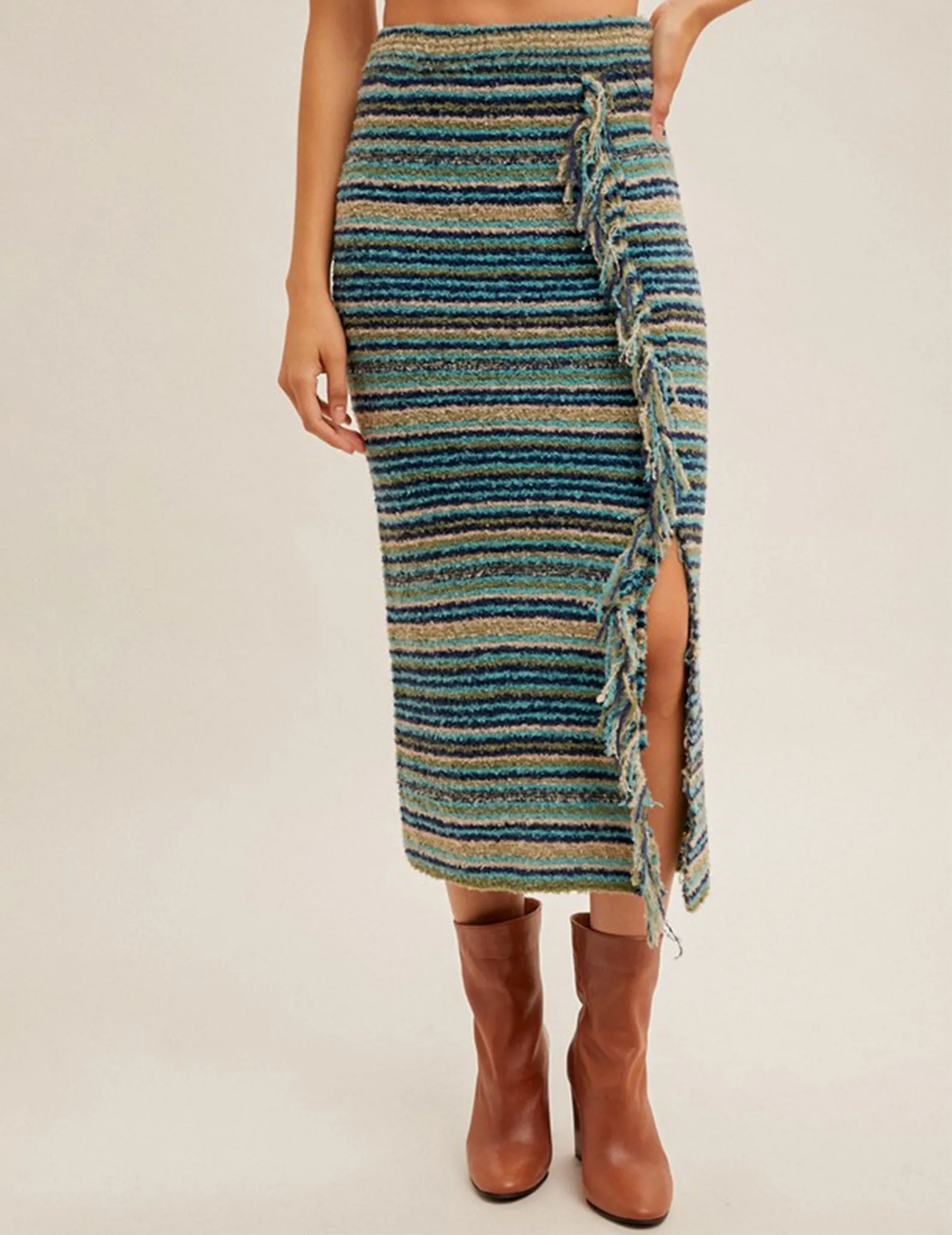 Aurelia Striped Knit Fringe Skirt