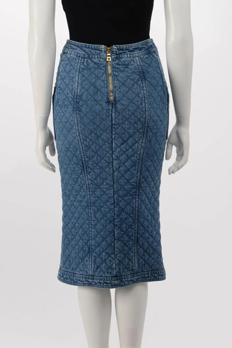 Balmain Blue Quilted Denim Pencil Skirt FR 36