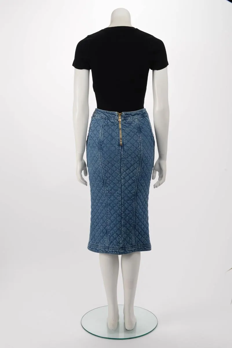 Balmain Blue Quilted Denim Pencil Skirt FR 36