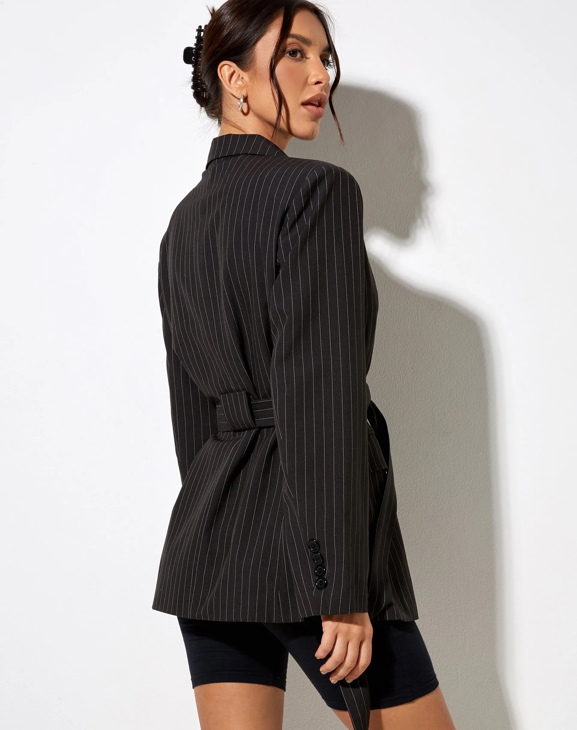 Belted Blazer in Pinstripe Black