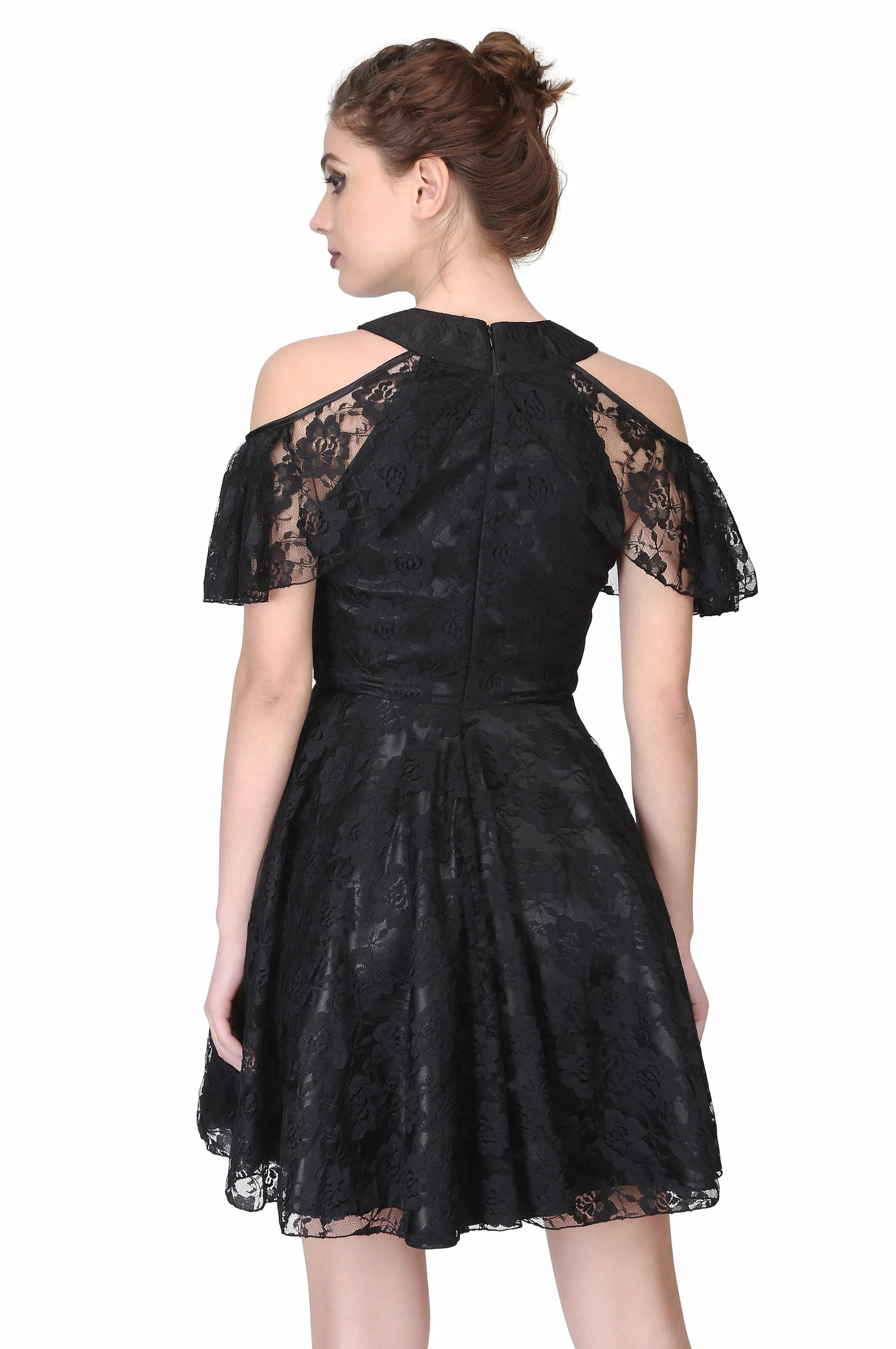 Black satin overlayed floral mesh ladies drop shoulder gothic dress