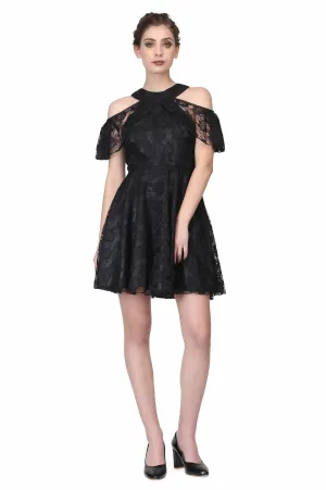 Black satin overlayed floral mesh ladies drop shoulder gothic dress