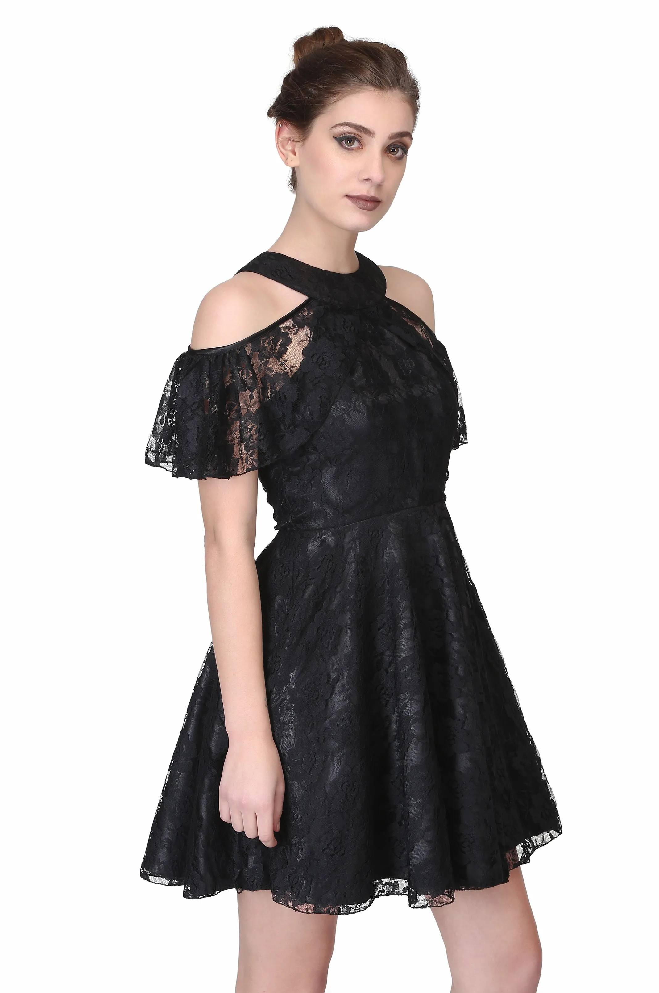 Black satin overlayed floral mesh ladies drop shoulder gothic dress