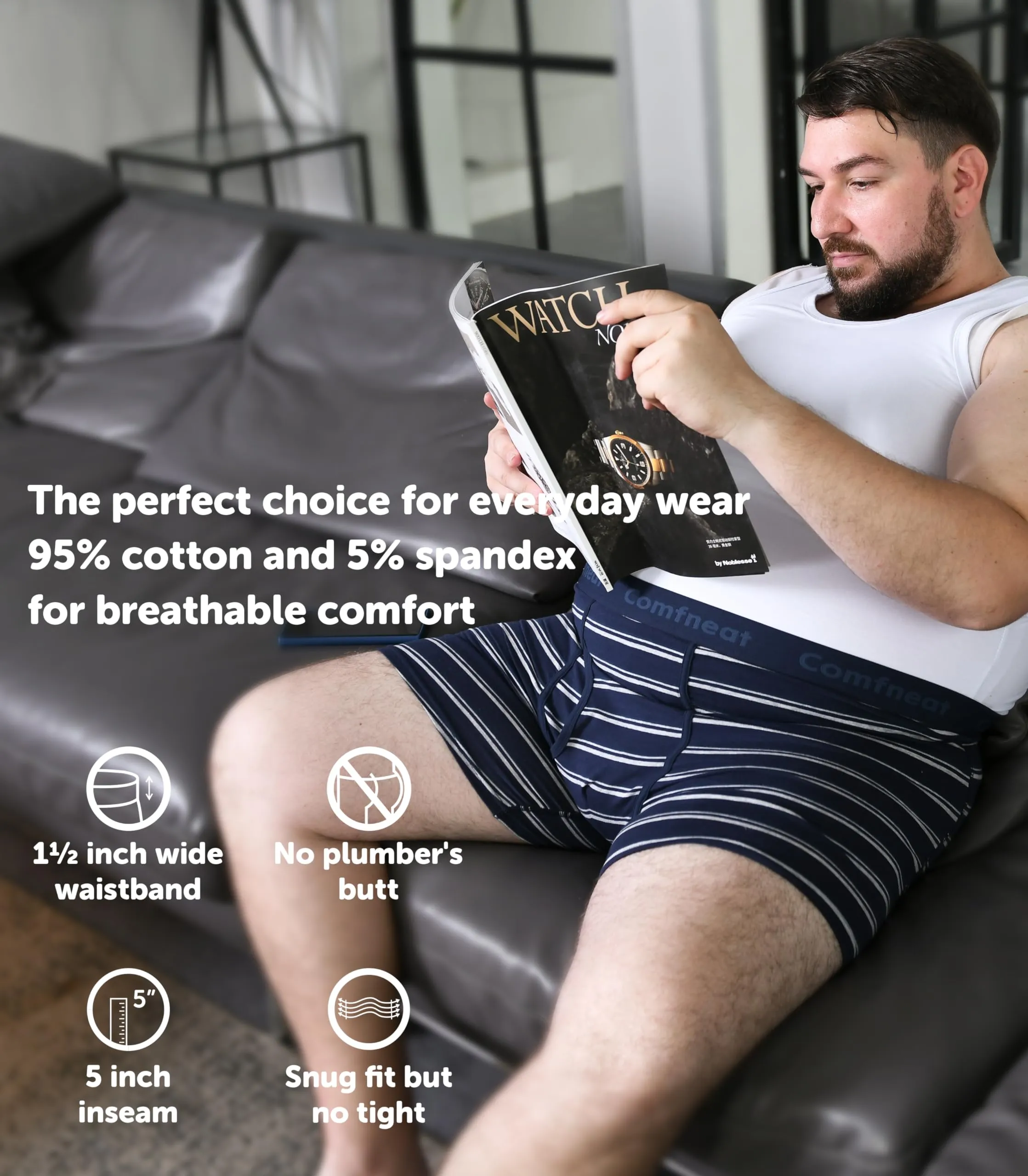 Comfneat Men's 5-Pack Big & Tall 3XL-7XL Boxer Briefs Cotton Spandex Underwear Underpants with Fly