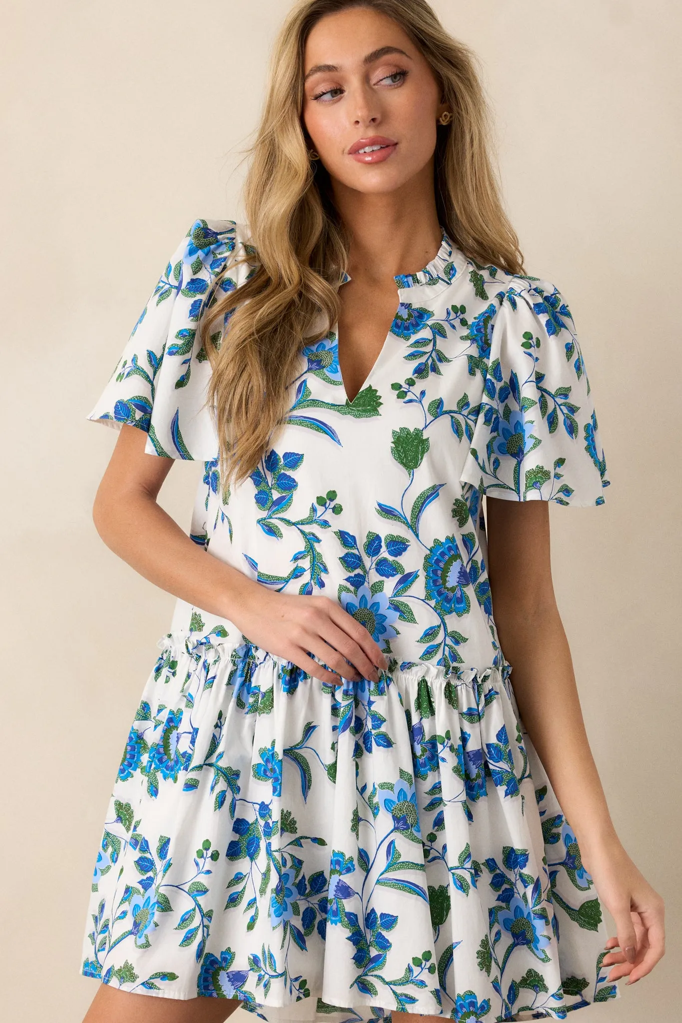 Crystal Waters 100% Cotton Blue Floral Mini Dress