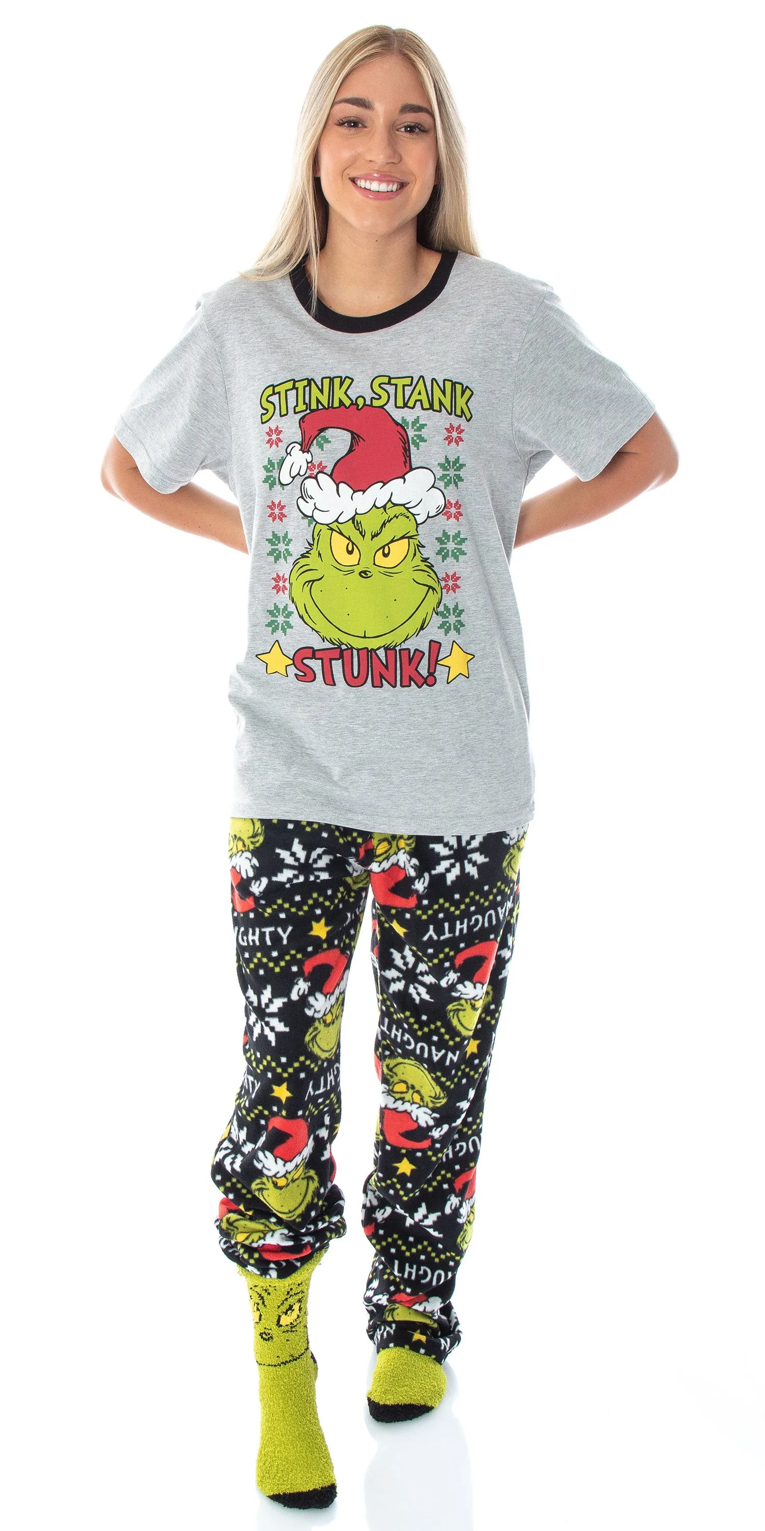 Dr. Seuss GRINCH 3 Piece Gift Pajama Set (Fleece Pants, Shirt, Socks)