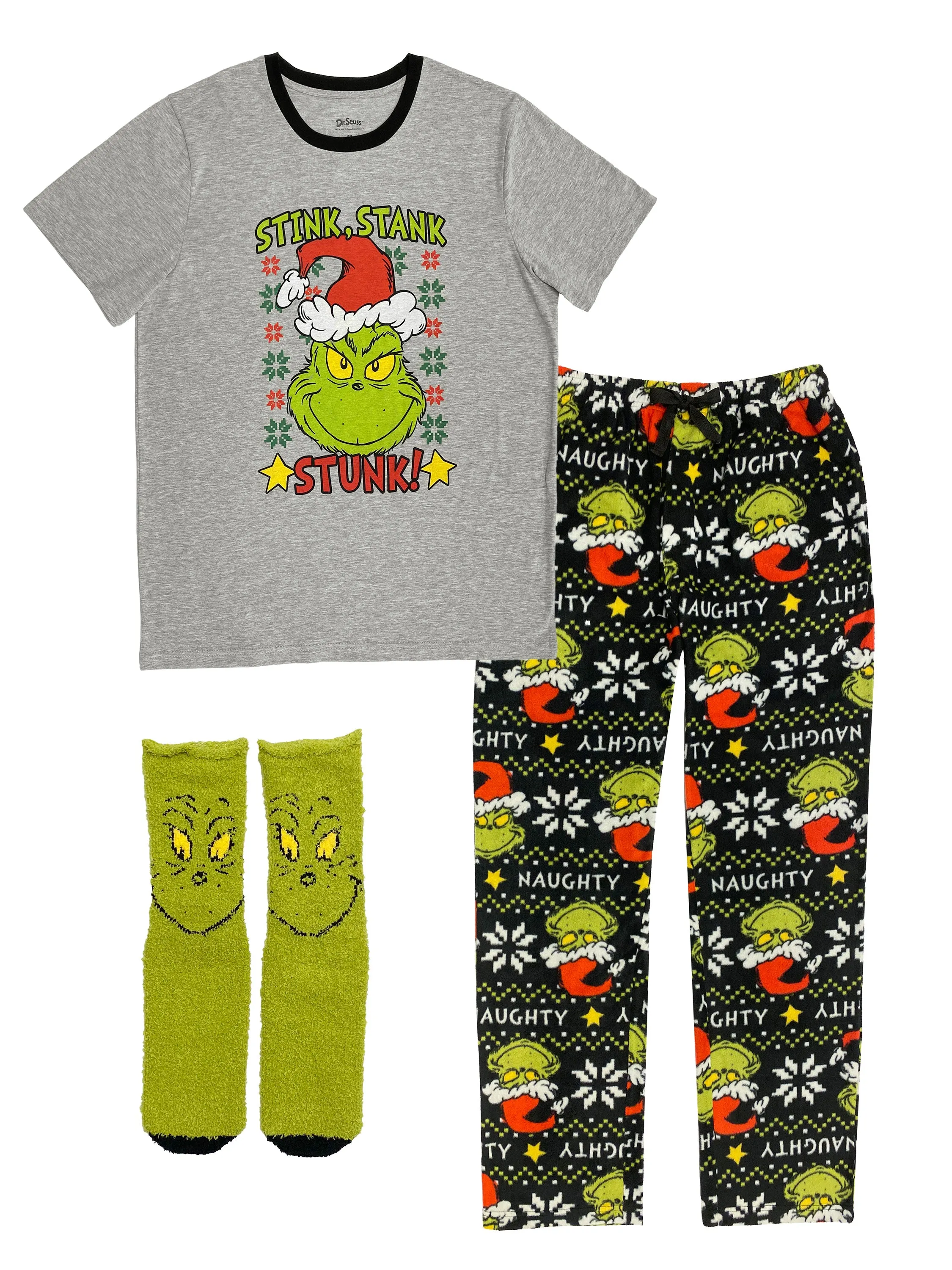 Dr. Seuss GRINCH 3 Piece Gift Pajama Set (Fleece Pants, Shirt, Socks)