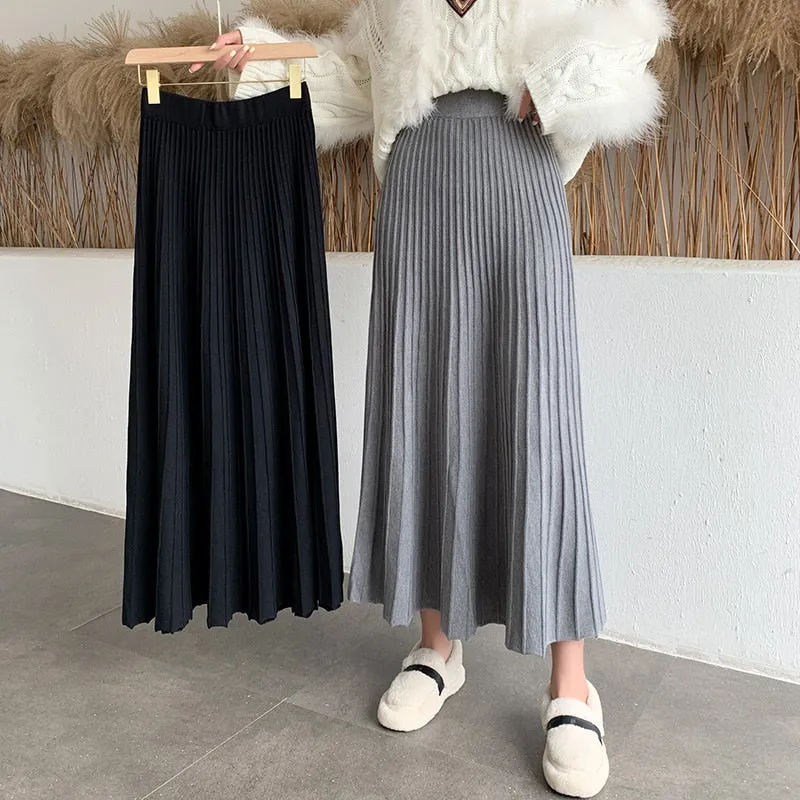 High Waist Winter  Women Skirt Folds Loose A-Line Elegant Mid-Calf Long Skirts For Women