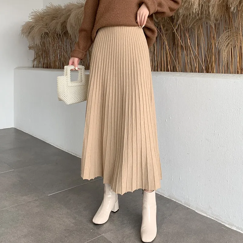 High Waist Winter  Women Skirt Folds Loose A-Line Elegant Mid-Calf Long Skirts For Women