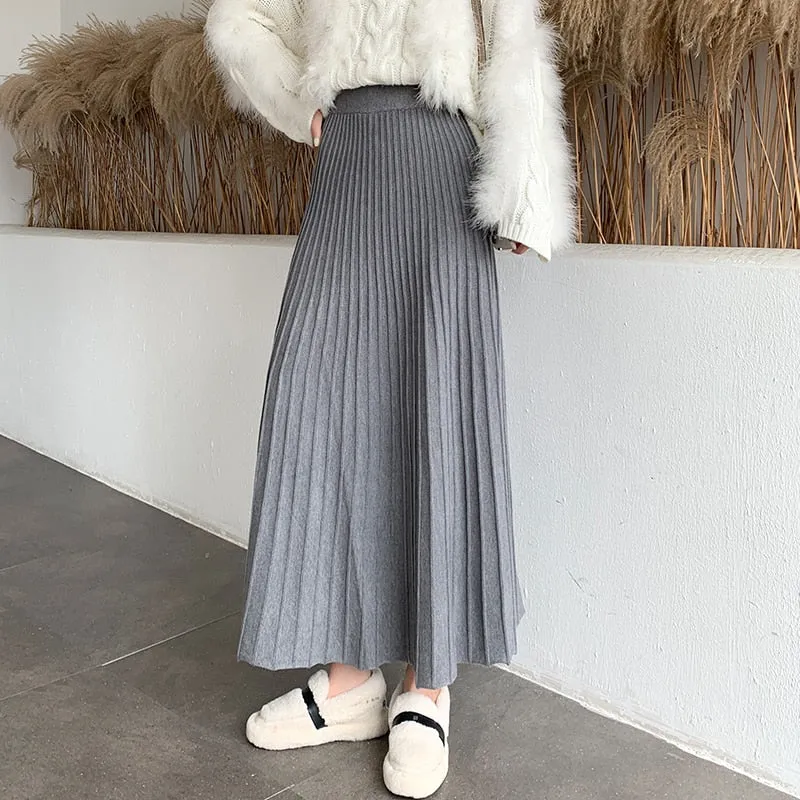 High Waist Winter  Women Skirt Folds Loose A-Line Elegant Mid-Calf Long Skirts For Women