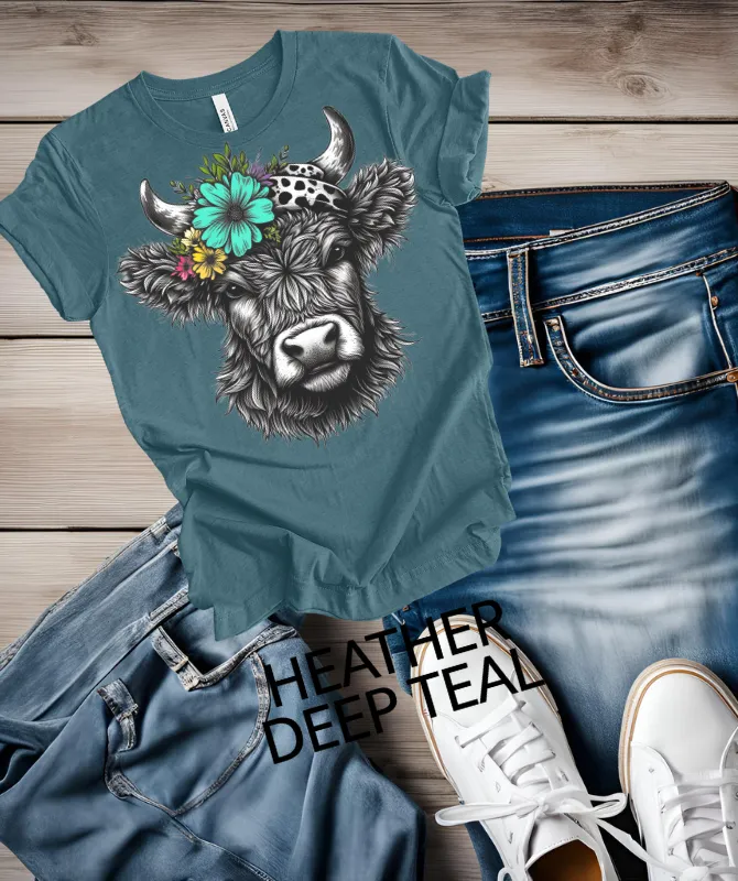 Highlander with teal flower Graphic Tee