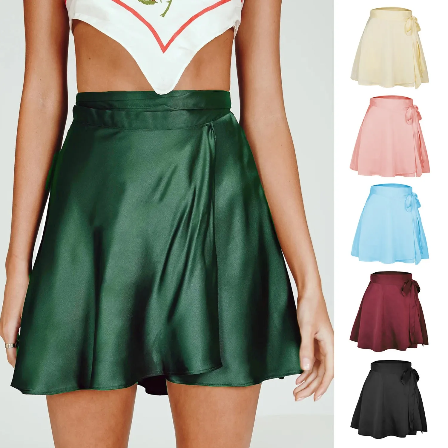 Hit Pure Color High Waist Fashion Tie Short Skirt