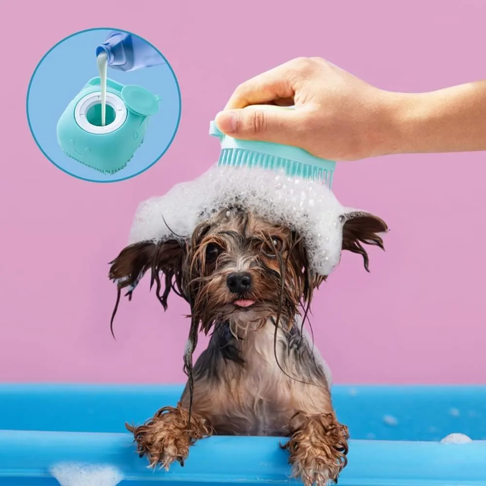 Homestic Pack of 6 Dog Brush With Shampoo Container|Cat & Dog Bath Brush For Bathing|Exfoliating|Scrubbing|Massaging & Relaxing|Soft Silicone|Suitable For All Pets|PT230B|Blue