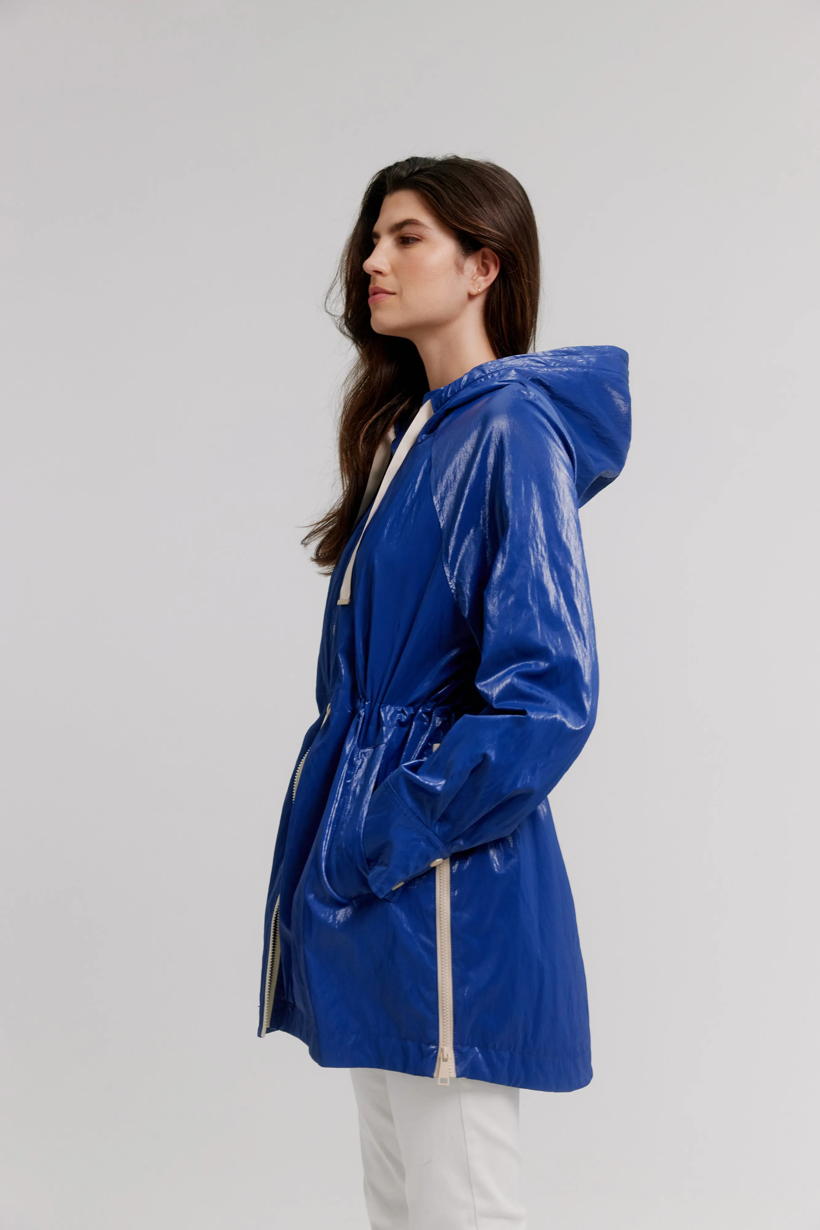 Hooded Anorak Jacket In Soft Luster Sheen W/ Welt Pockets