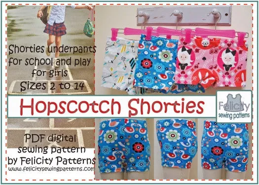 Hopscotch Shorties  girls shortie underpants sizes 2 to 14 years by Felicity Sewing Patterns