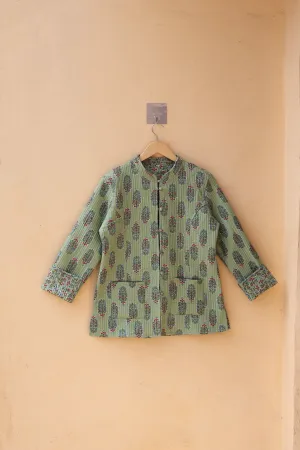 Indian Handmade Quilted Cotton Kantha Jacket Stylish Green Floral Women's Coat, Reversible Waistcoat for Her