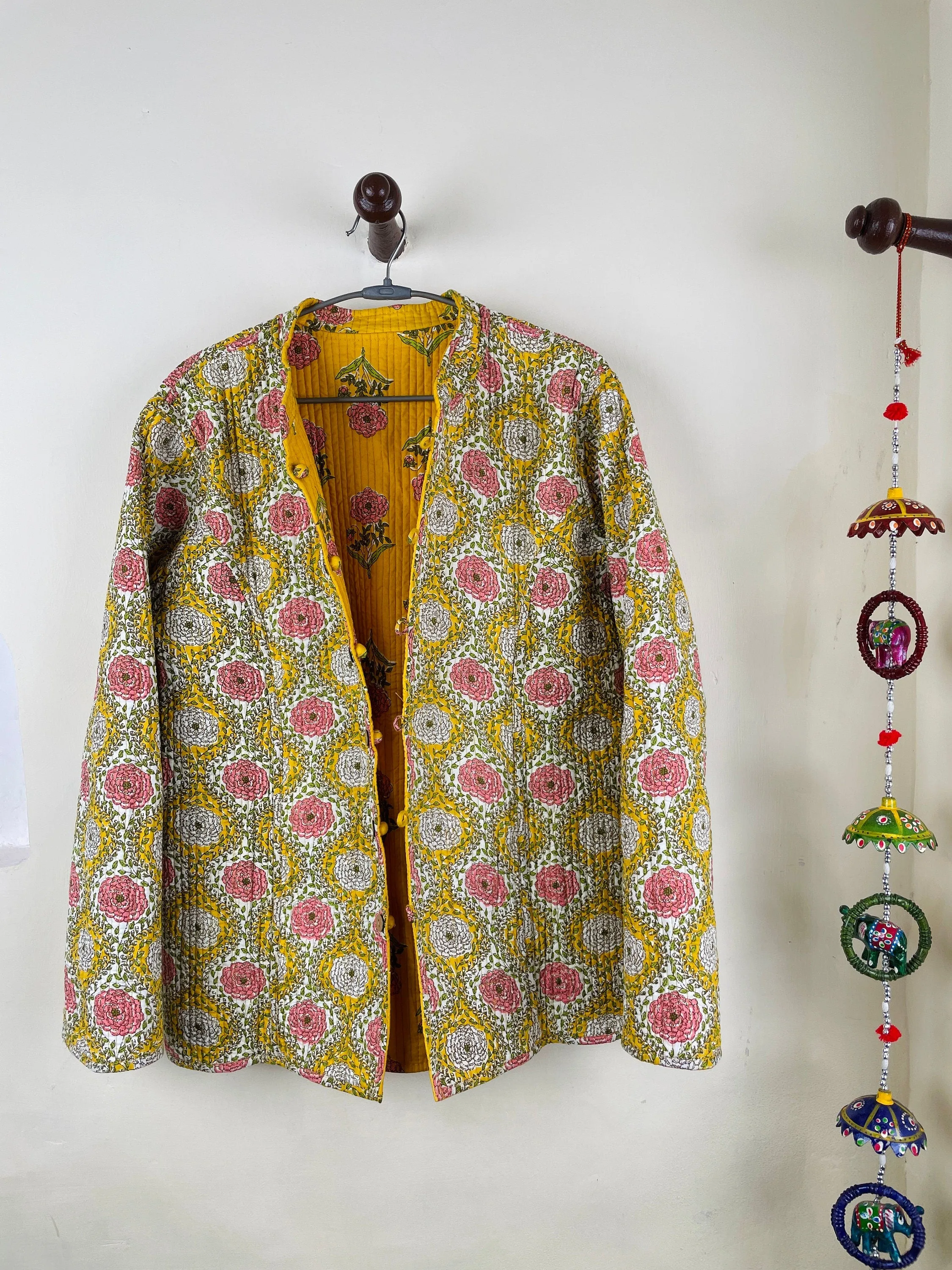 Indian Handmade Quilted Fabric Jacket Stylish Yellow Floral Women's Coat, Reversible Jacket for Her