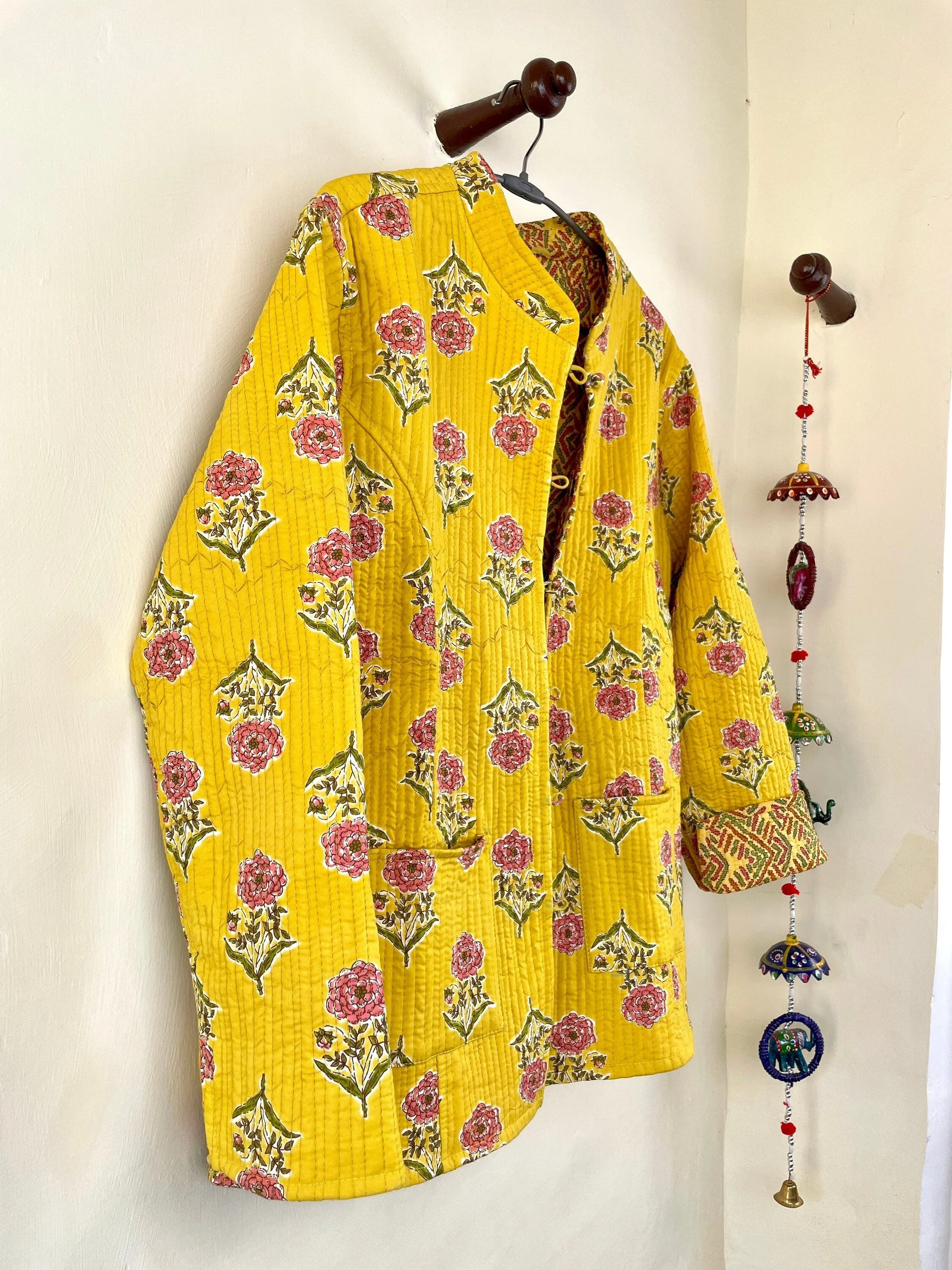 Indian Handmade Quilted Fabric Jacket Stylish Yellow Floral Women's Coat, Reversible Jacket for Her