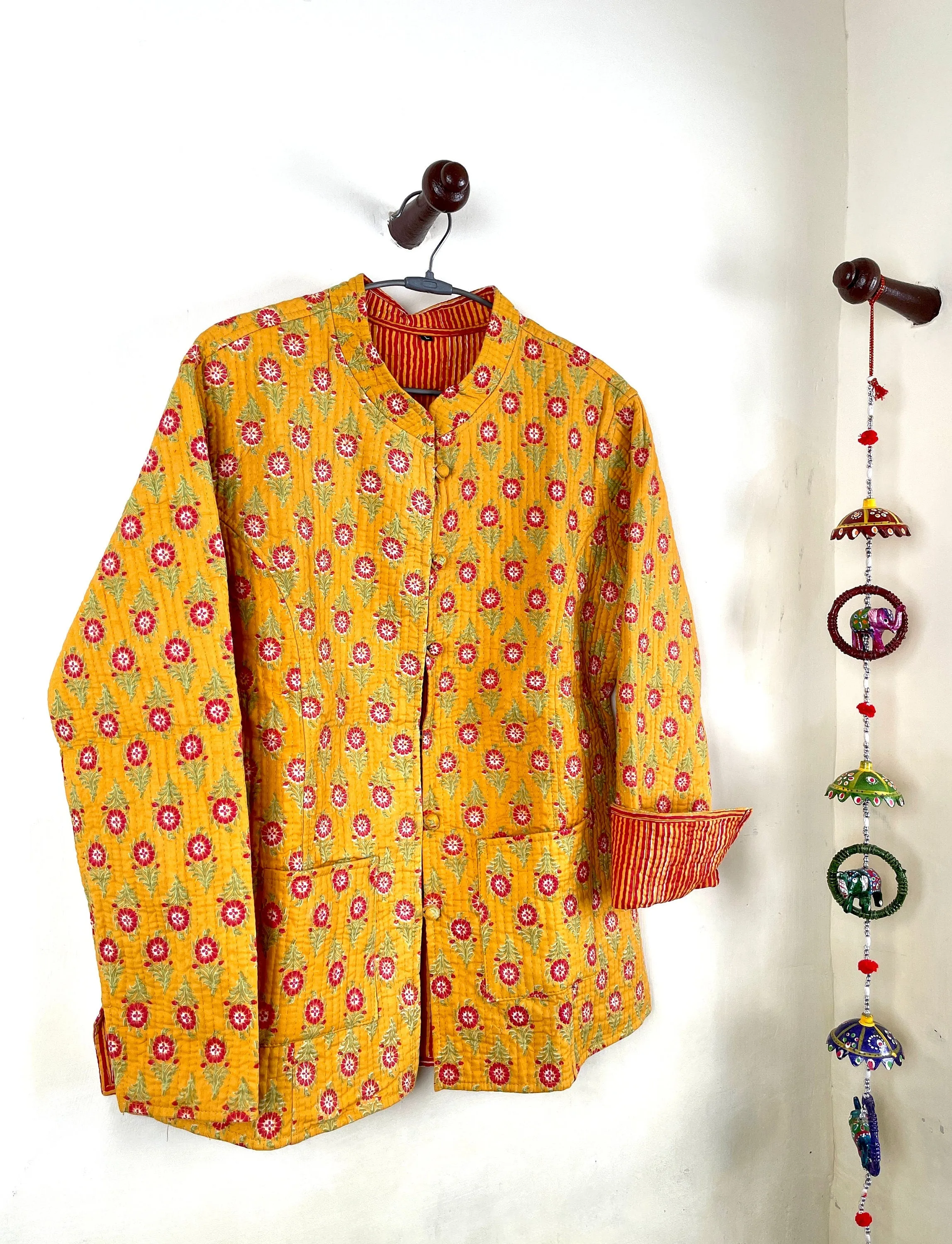 Indian Handmade Quilted Kantha Cotton Fabric Jacket Stylish Yellow Floral Women's Coat, Reversible Waistcoat for Her