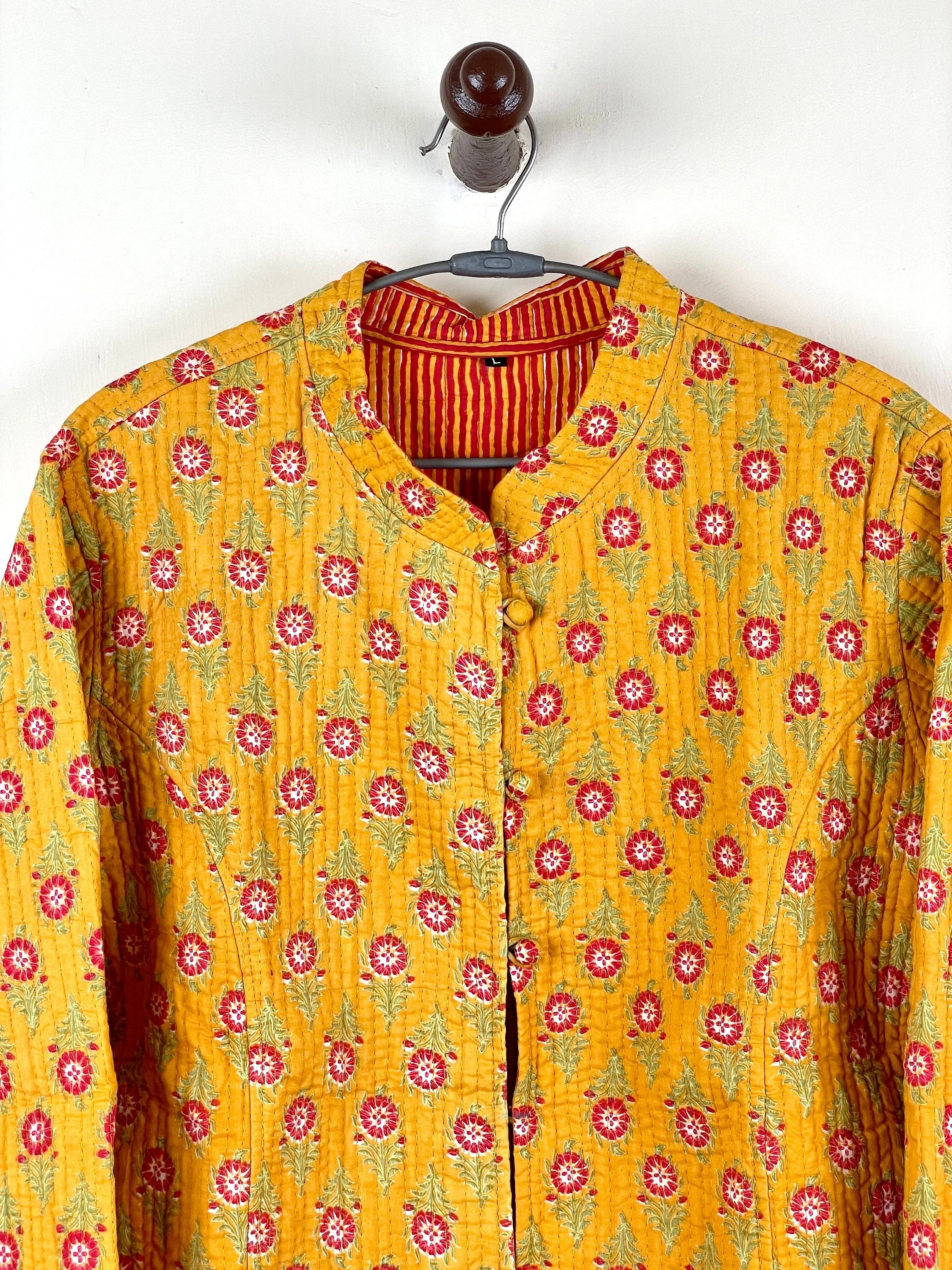 Indian Handmade Quilted Kantha Cotton Fabric Jacket Stylish Yellow Floral Women's Coat, Reversible Waistcoat for Her