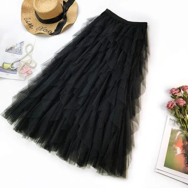 One Size Summer Tulle Skirt Women Boho Long Skirt High Waist Ruffles