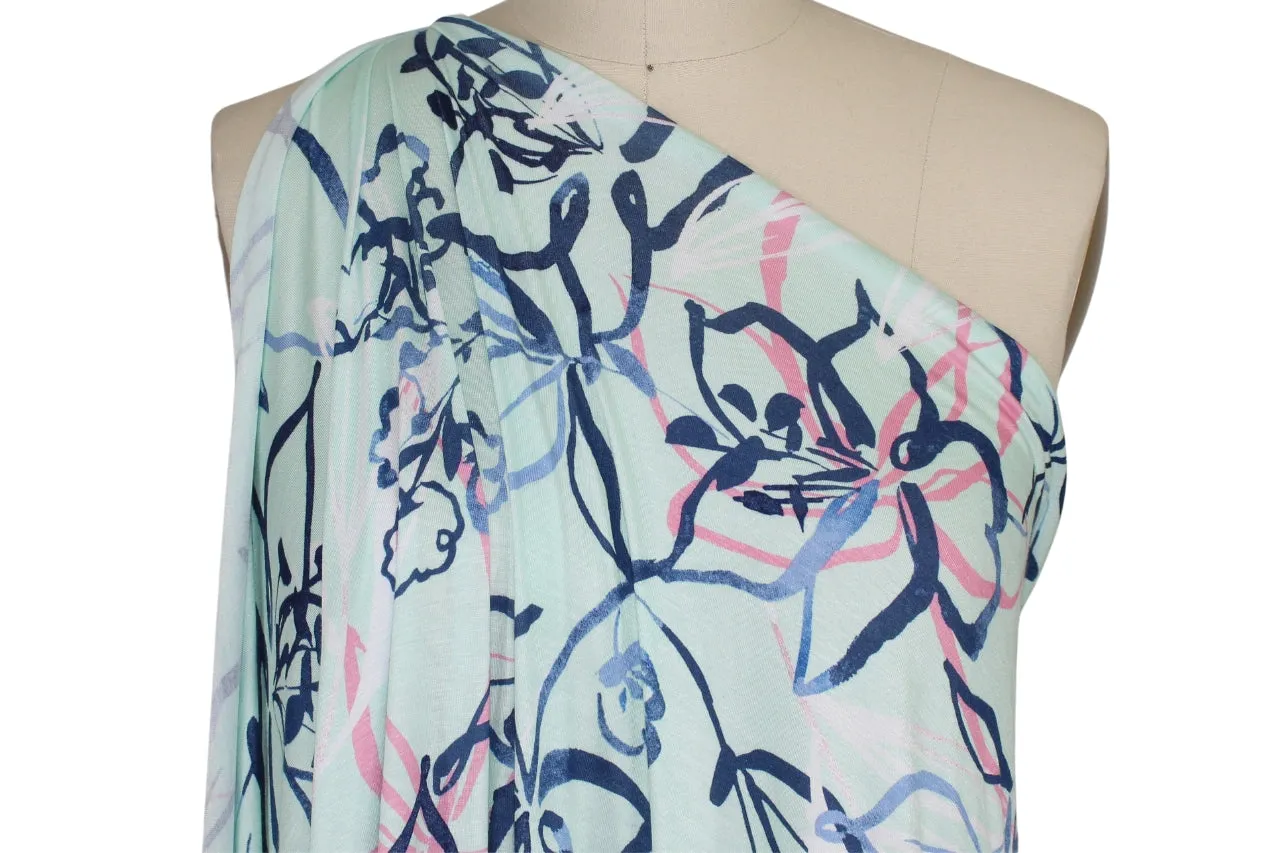 Pen/Ink Style Floral Extra Wide Rayon Jersey - Blues/Pinks on Aqua