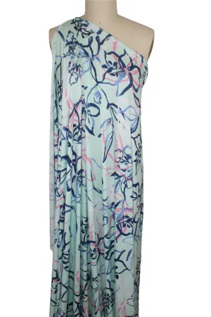 Pen/Ink Style Floral Extra Wide Rayon Jersey - Blues/Pinks on Aqua