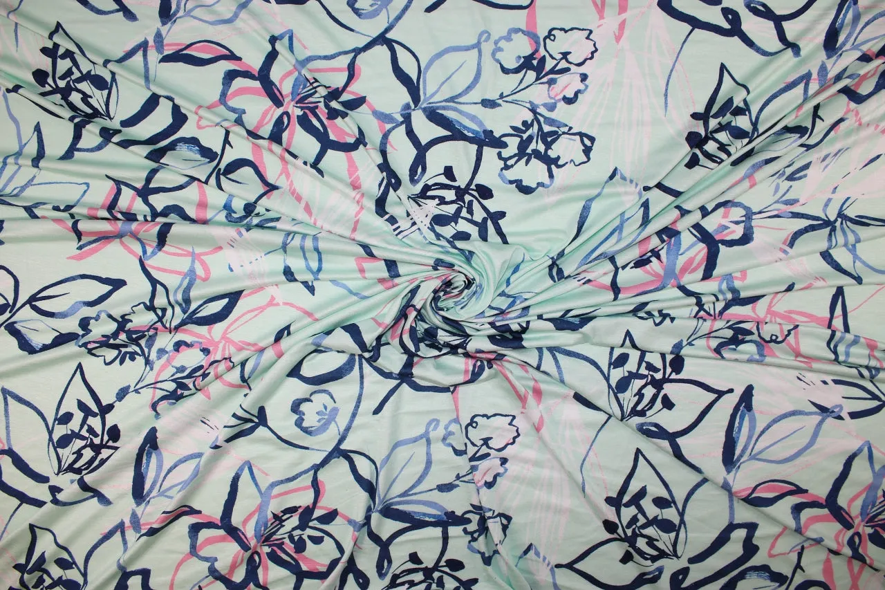 Pen/Ink Style Floral Extra Wide Rayon Jersey - Blues/Pinks on Aqua