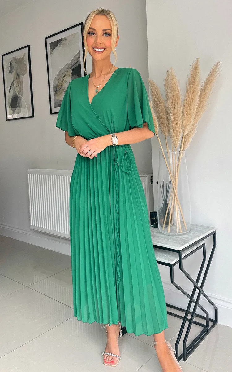 Pleated Wrap Front  Maxi Dress