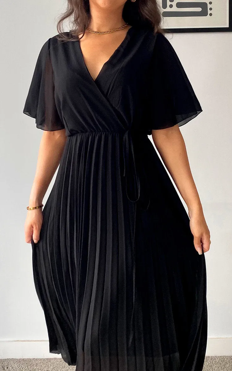 Pleated Wrap Front  Maxi Dress