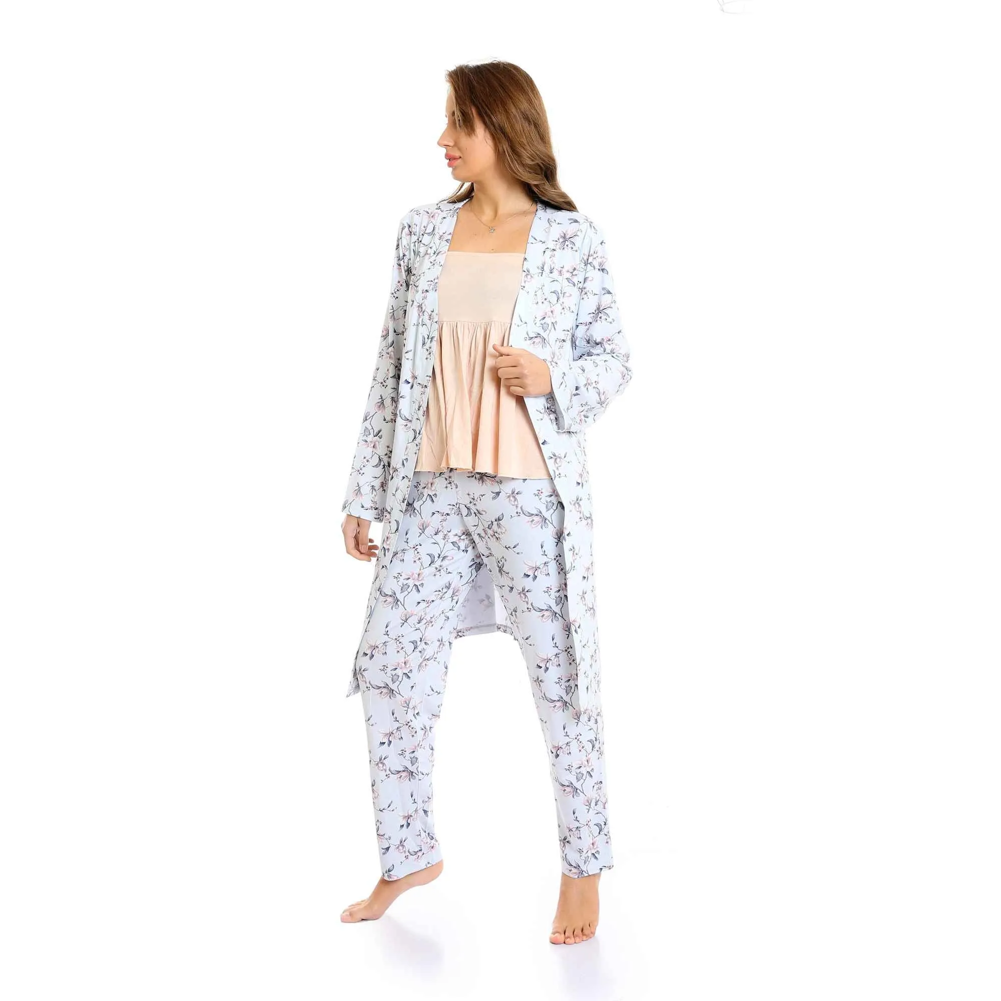 Set Of 3 Robe, Top & Pants Floral Pajama Set for Women - Simon & Baby Blue