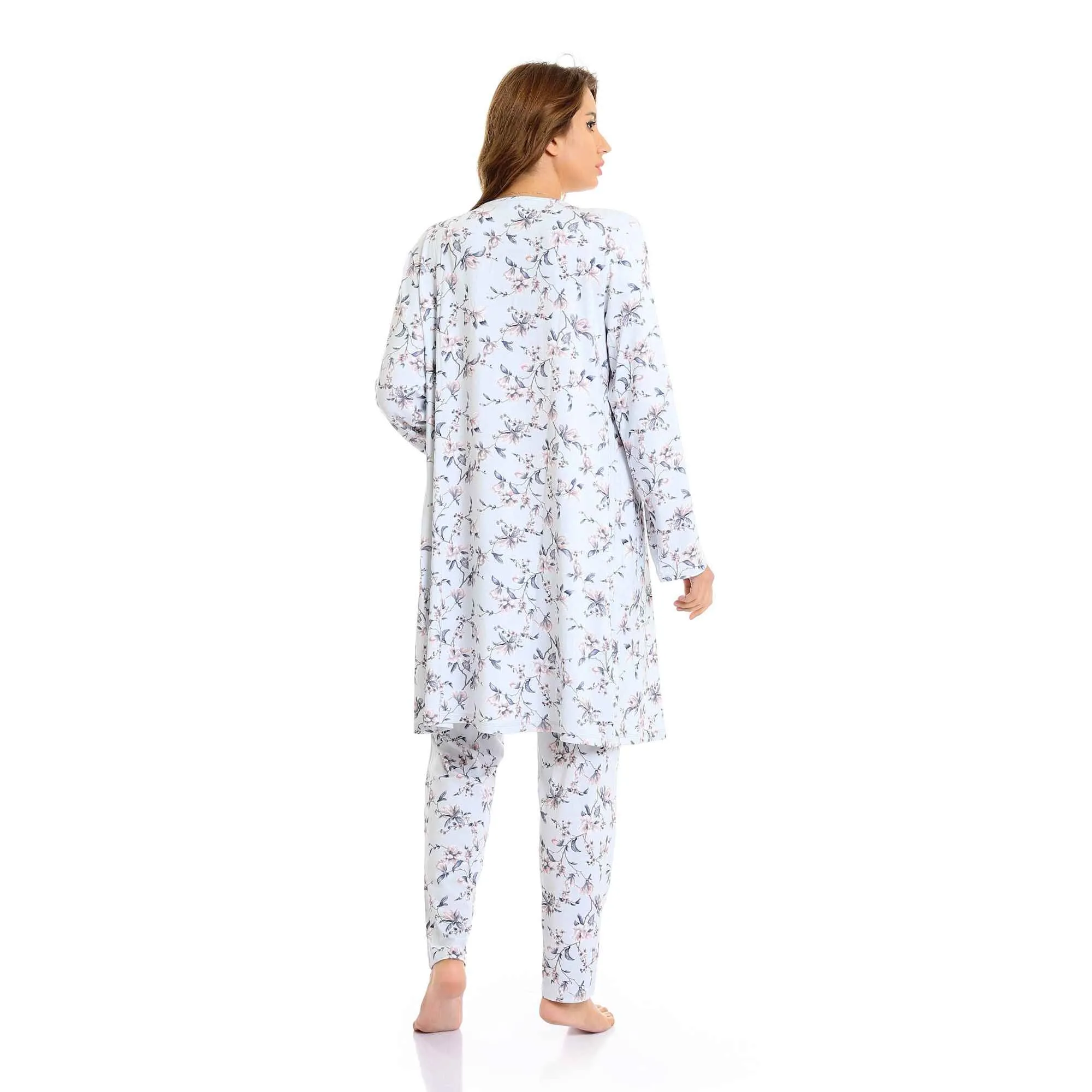 Set Of 3 Robe, Top & Pants Floral Pajama Set for Women - Simon & Baby Blue