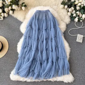 Summer Elegant Blue Beading Tiered Tutu Sexy Mesh Spring Skirt