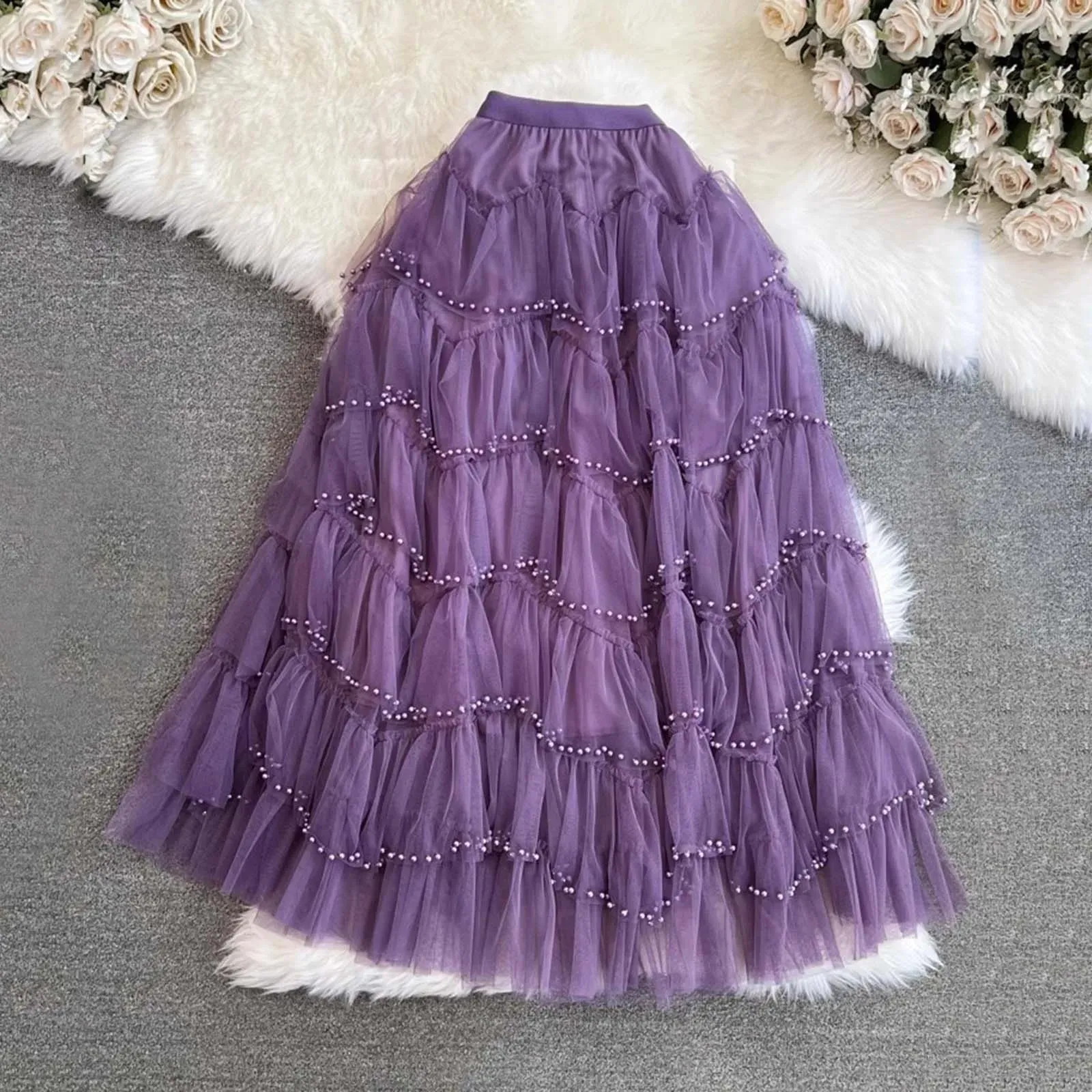 Summer Elegant Blue Beading Tiered Tutu Sexy Mesh Spring Skirt