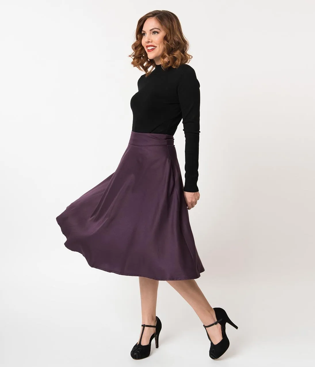 Unique Vintage Retro Style Eggplant Purple High Waist Vivien Swing Skirt