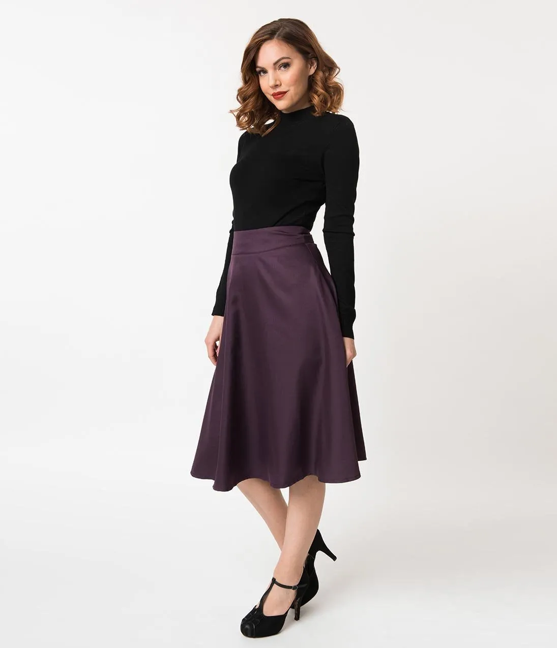 Unique Vintage Retro Style Eggplant Purple High Waist Vivien Swing Skirt