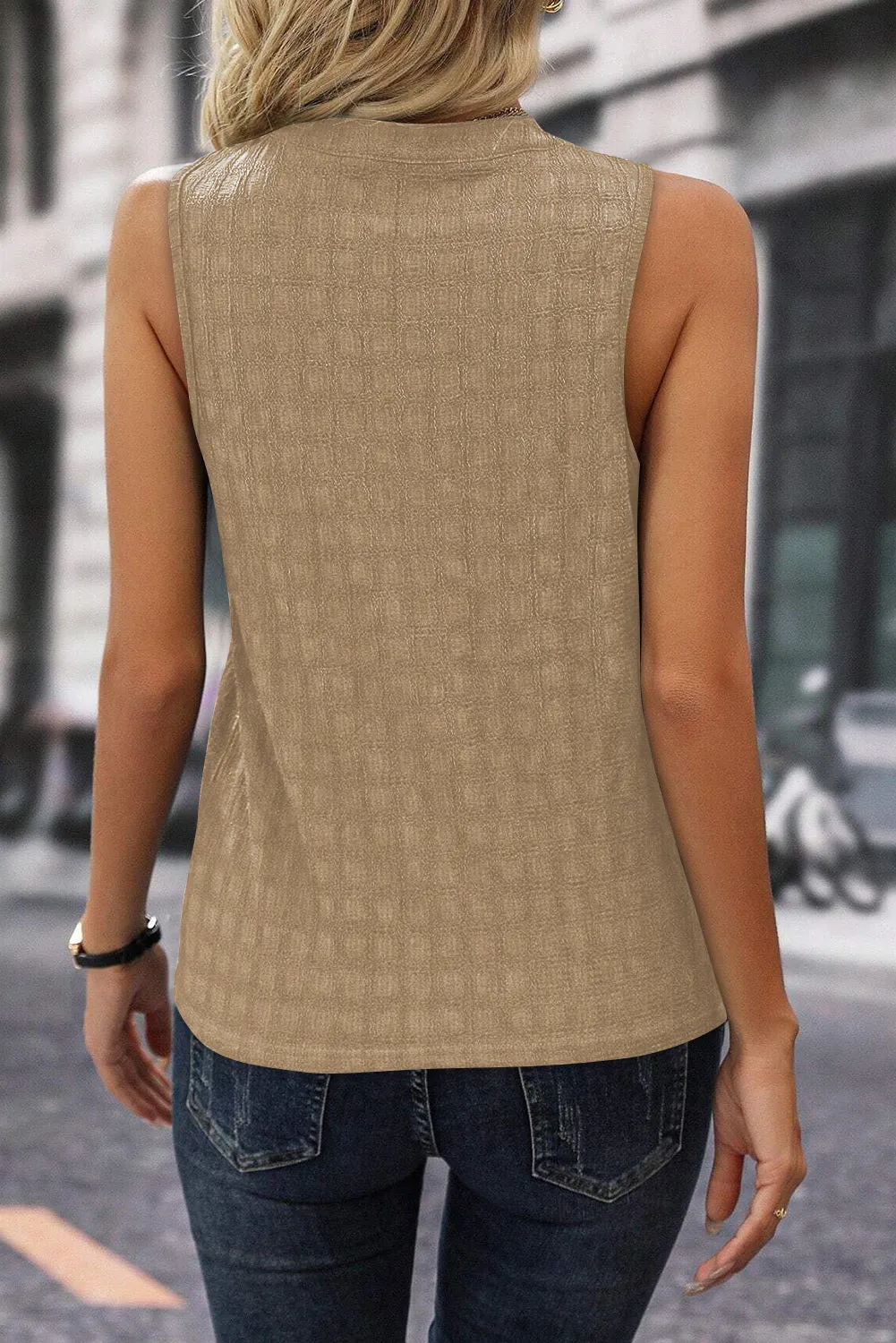 Women's Lattice Textured Split Neck Tank Top Pleated Sleeveless Blouse