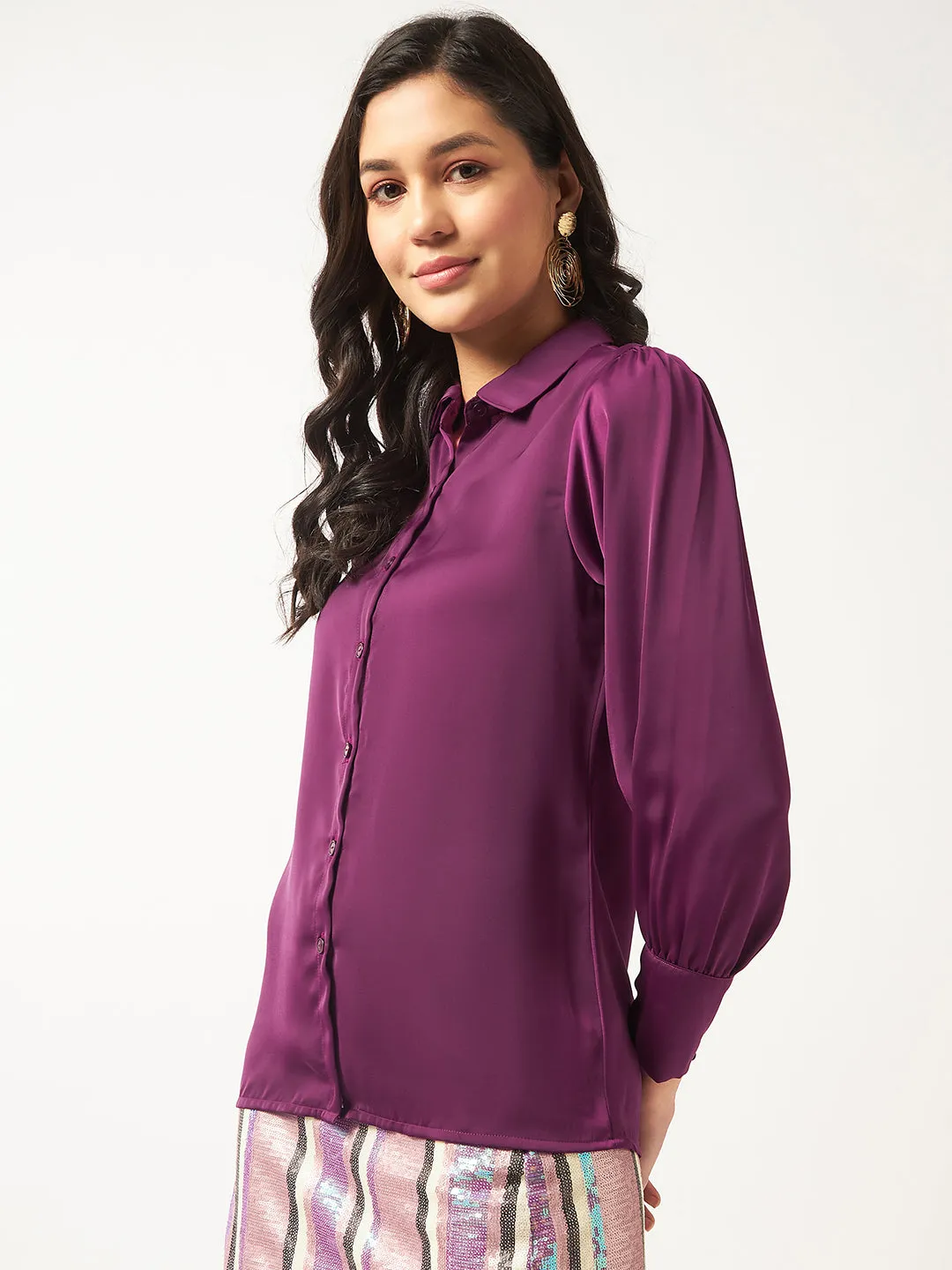 Women's Satin Elegant Puff Sleeves Shirt Top