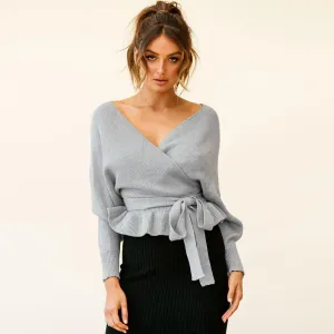 Women's Wrap V Neck Long Batwing Sleeve Belted Waist Ruffle Knitted